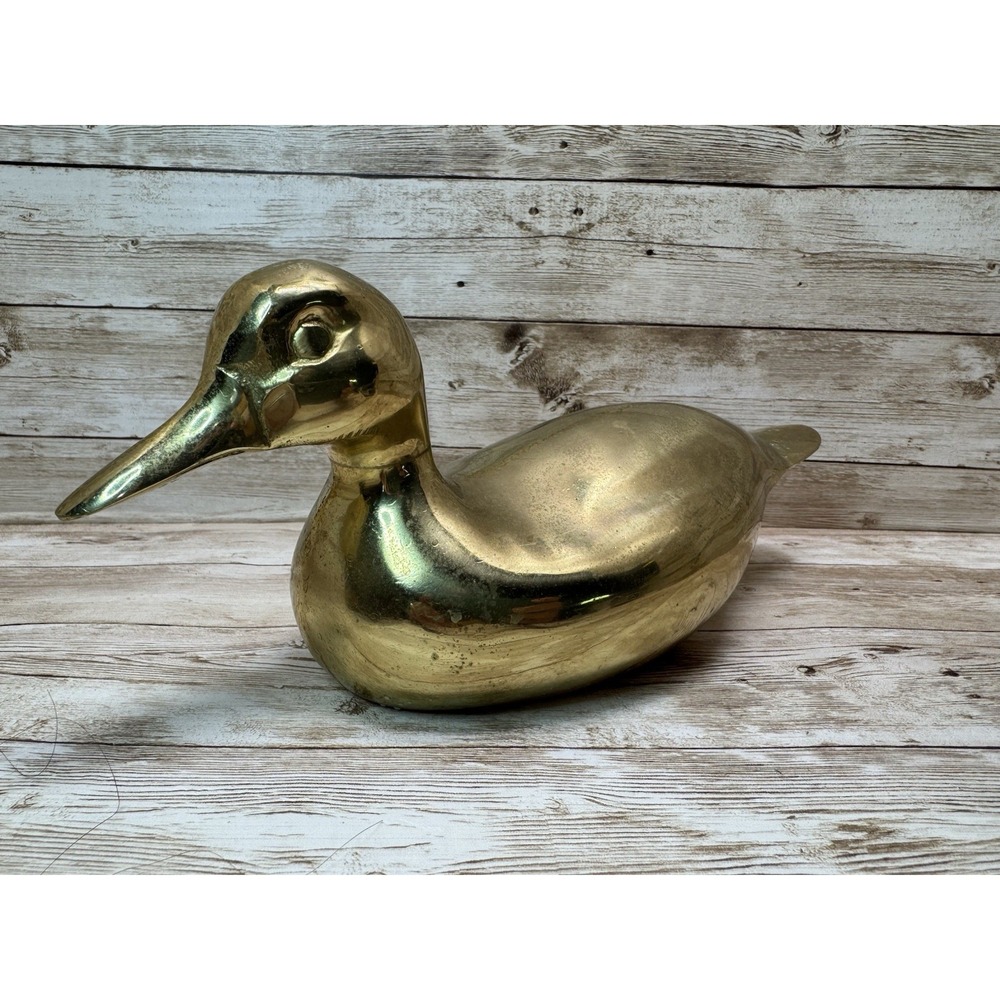 Vintage Solid Brass Duck Figurine Mid Century MCM Decorative - 10.5" L